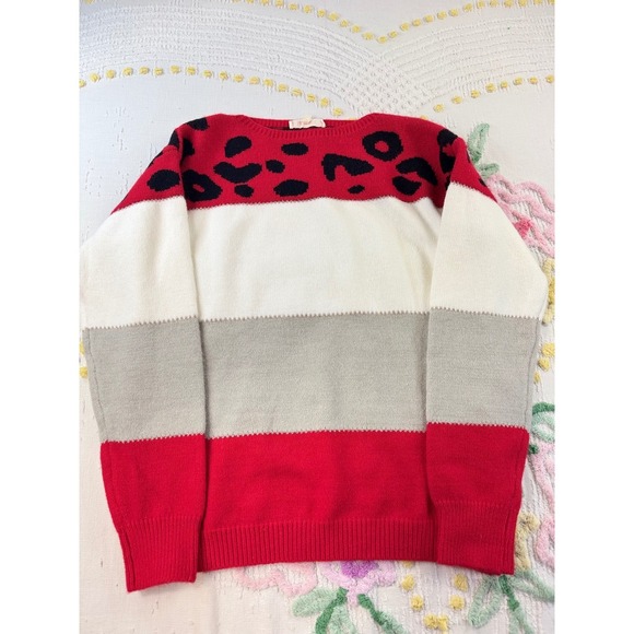 Mazik Womens Colorblock Leopard Print Knit Sweater Red White Grey MK8051 Size M - Picture 2 of 9